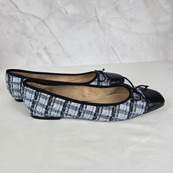 LOFT Size 7.5M Blue Plaid Tweed and Black Leather Ballet Flats Bow Accent - Picture 5 of 12